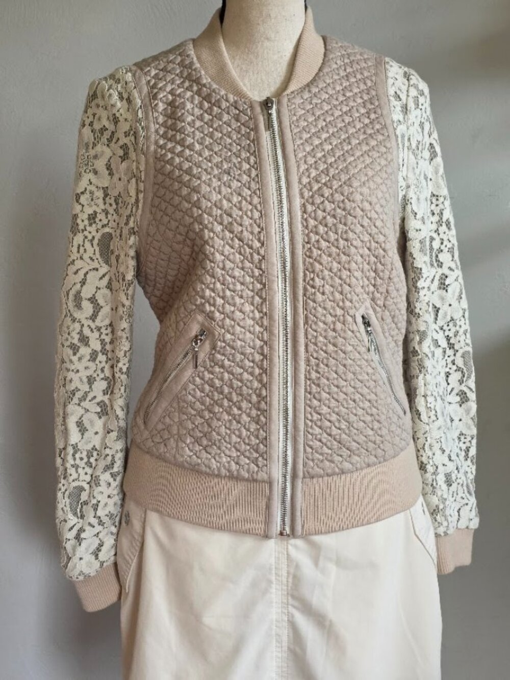 Rebecca Taylor Quilted Lace & Leather Bomber Jacket Size 4